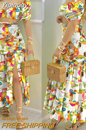 Yipinpay Fashion Holiday Floral Print O Neck Crop Top Shirr +Slit High Waist Women Maxi Skirt Sets 2023 Female Fashion New